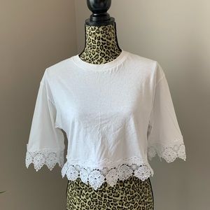 Topshop Cropped T-Shirt with Crochet Detailing